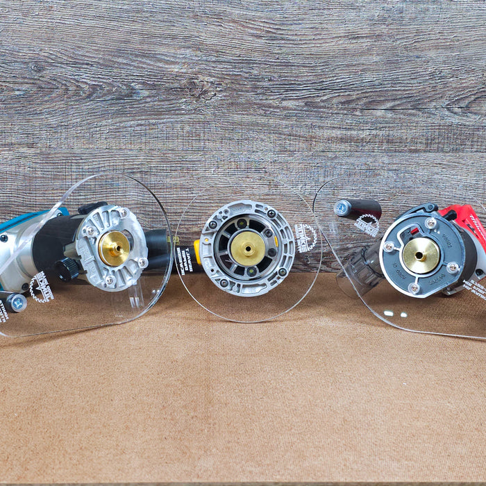 Selection of trim routers and the thick acrylic base plates offered by Wood Grain Junkie