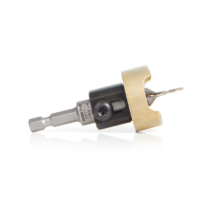 Amana Tool 55150 Carbide Tipped 82 Degree Countersink with Tapered Drill and Adjustable Depth Stop with No-Thrust Ball Bearing 3/8 Dia x 3/32 Drill Dia x 1/4 Inch Quick Release Hex Shank