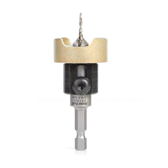Amana Tool 55150 Carbide Tipped 82 Degree Countersink with Tapered Drill and Adjustable Depth Stop with No-Thrust Ball Bearing 3/8 Dia x 3/32 Drill Dia x 1/4 Inch Quick Release Hex Shank