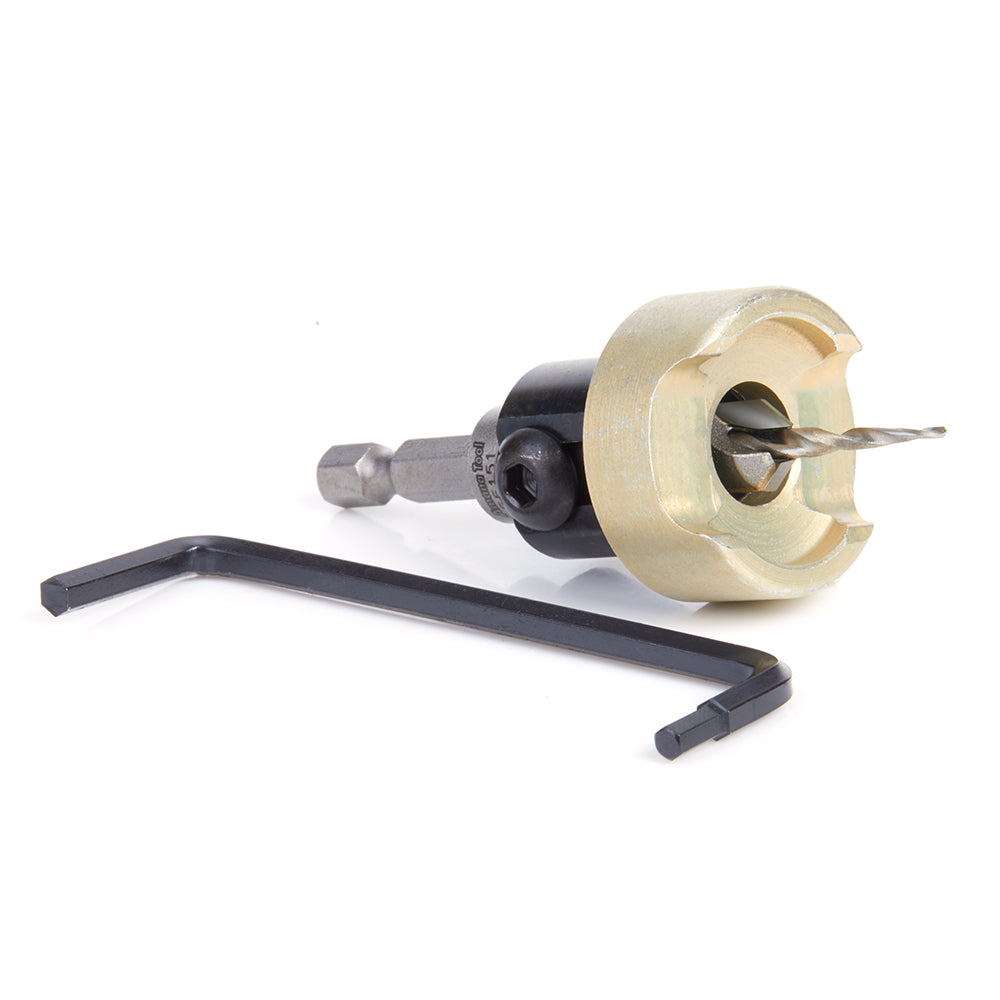 Amana Tool 55151 Carbide Tipped 82 Degree Countersink with Tapered Drill and Adjustable Depth Stop with No-Thrust Ball Bearing, 3/8 Dia x 1/8 Drill Dia x 1/4 Inch Quick Release Hex Shank