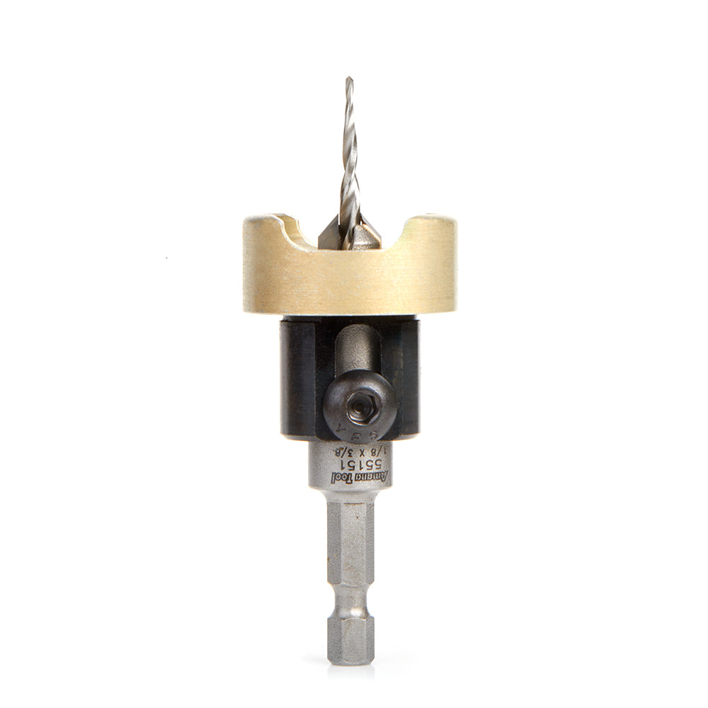 Amana Tool 55151 Carbide Tipped 82 Degree Countersink with Tapered Drill and Adjustable Depth Stop with No-Thrust Ball Bearing, 3/8 Dia x 1/8 Drill Dia x 1/4 Inch Quick Release Hex Shank