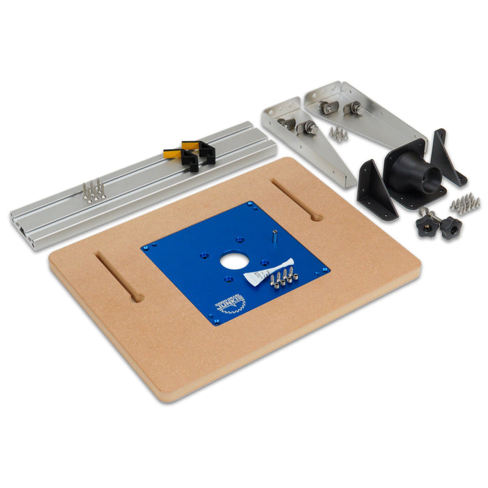 Router table kit with a blue insert plate, metal tracks, and accessories on a white background