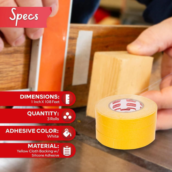 XFasten Double Sided Woodworking Tape | 1 Inch x 20 Yards | 3-Pack