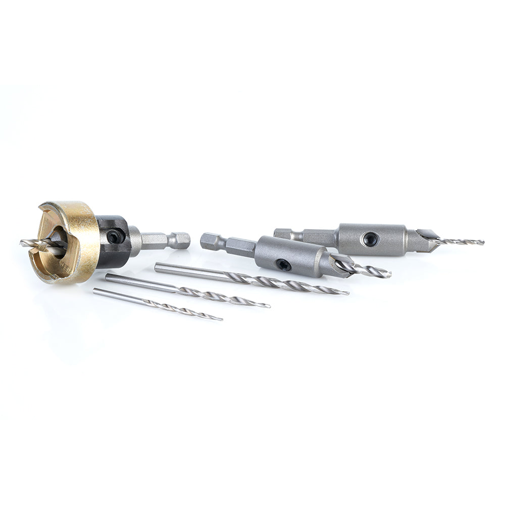 Amana Tool AMS-628 6-Pc Carbide Tipped Countersink with Adjustable Depth Stop and No-Thrust, No-Mar Ball Bearing Set with Quick Release Shank and Replacement HSS Drills