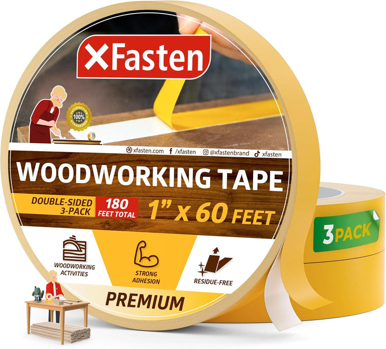 XFasten Double Sided Woodworking Tape | 1 Inch x 20 Yards | 3-Pack