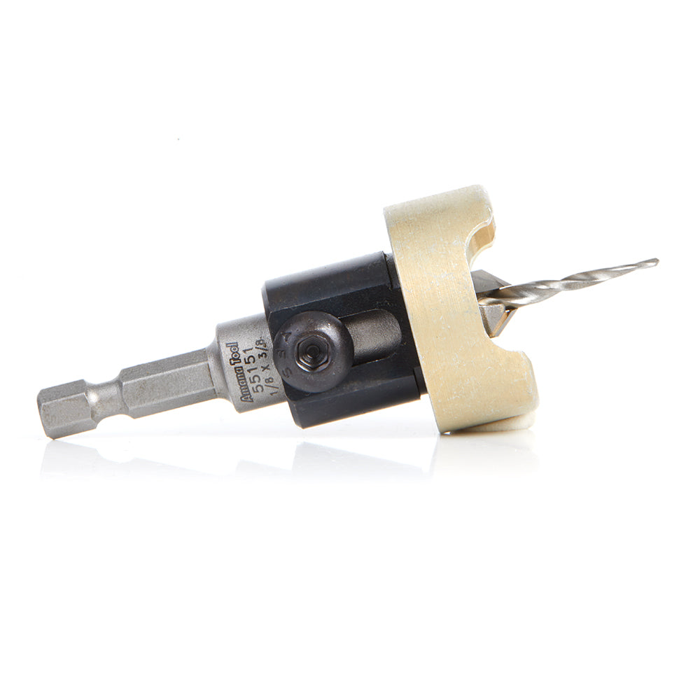 Amana Tool 55151 Carbide Tipped 82 Degree Countersink with Tapered Drill and Adjustable Depth Stop with No-Thrust Ball Bearing, 3/8 Dia x 1/8 Drill Dia x 1/4 Inch Quick Release Hex Shank