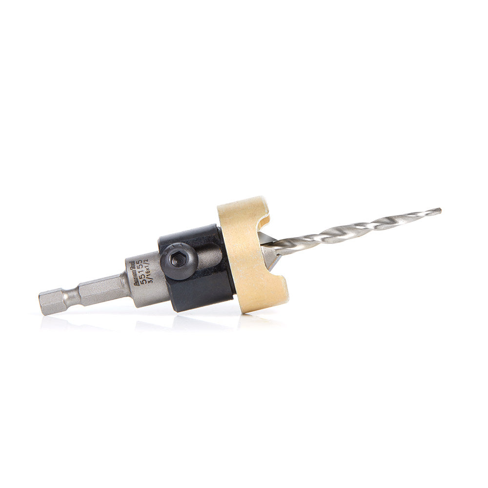 Amana Tool 55155 Carbide Tipped 82 Degree Countersink with Tapered Drill and Adjustable Depth Stop with No-Thrust Ball Bearing, 1/2 Dia x 3/16 Drill Dia x 1/4 Inch Quick Release Hex Shank