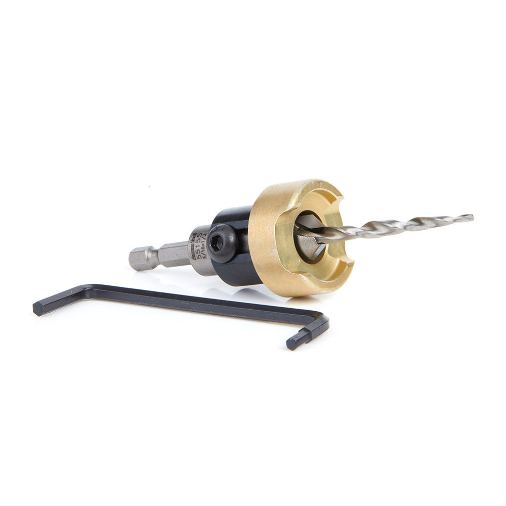 Amana Tool 55155 Carbide Tipped 82 Degree Countersink with Tapered Drill and Adjustable Depth Stop with No-Thrust Ball Bearing, 1/2 Dia x 3/16 Drill Dia x 1/4 Inch Quick Release Hex Shank