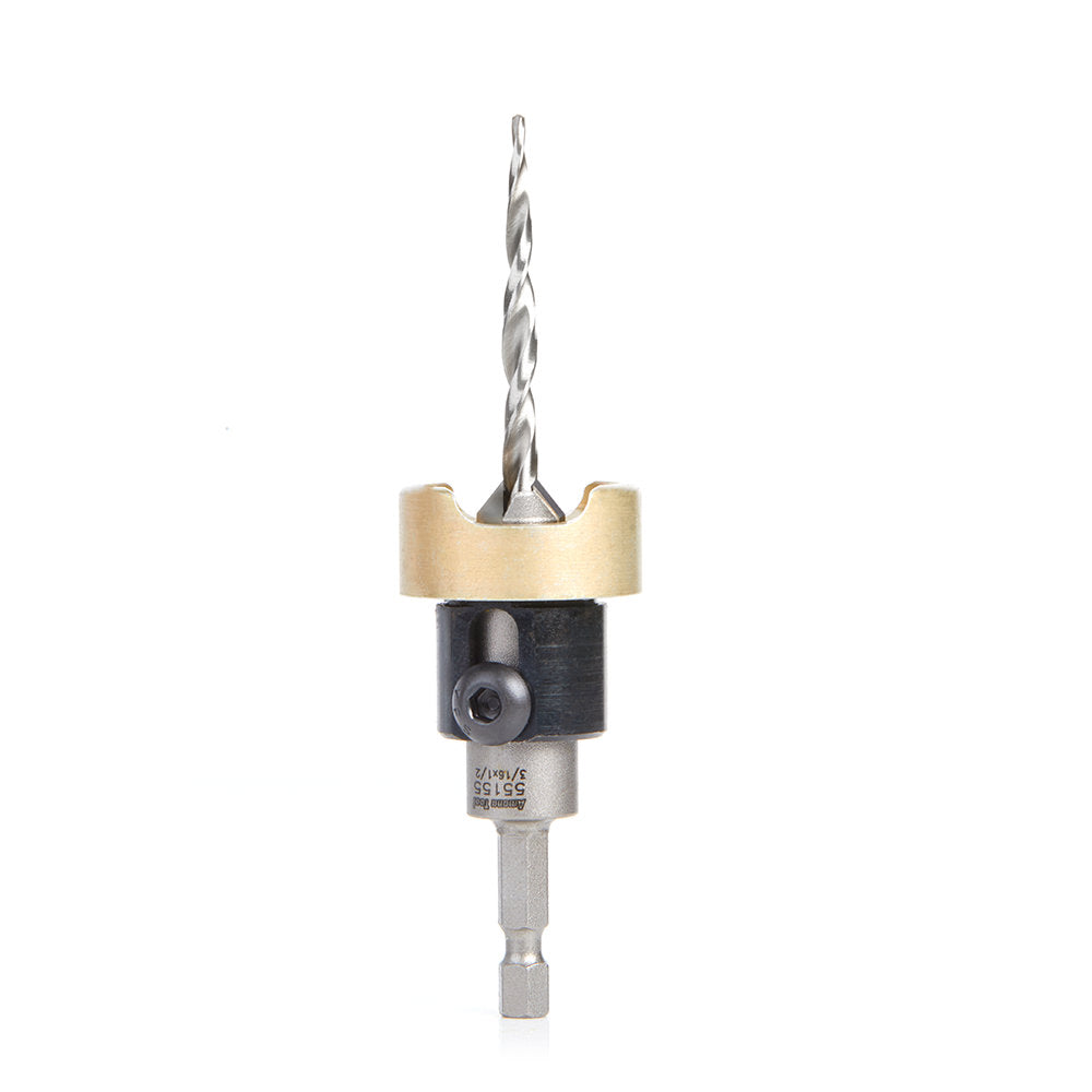 Amana Tool 55155 Carbide Tipped 82 Degree Countersink with Tapered Drill and Adjustable Depth Stop with No-Thrust Ball Bearing, 1/2 Dia x 3/16 Drill Dia x 1/4 Inch Quick Release Hex Shank