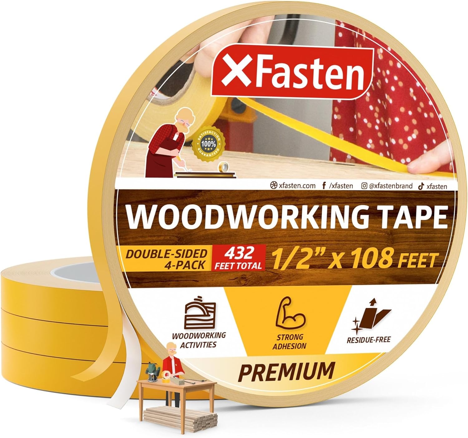 XFasten Double Sided Woodworking Tape | 1/2 Inch x 36 Yards | 4-Pack
