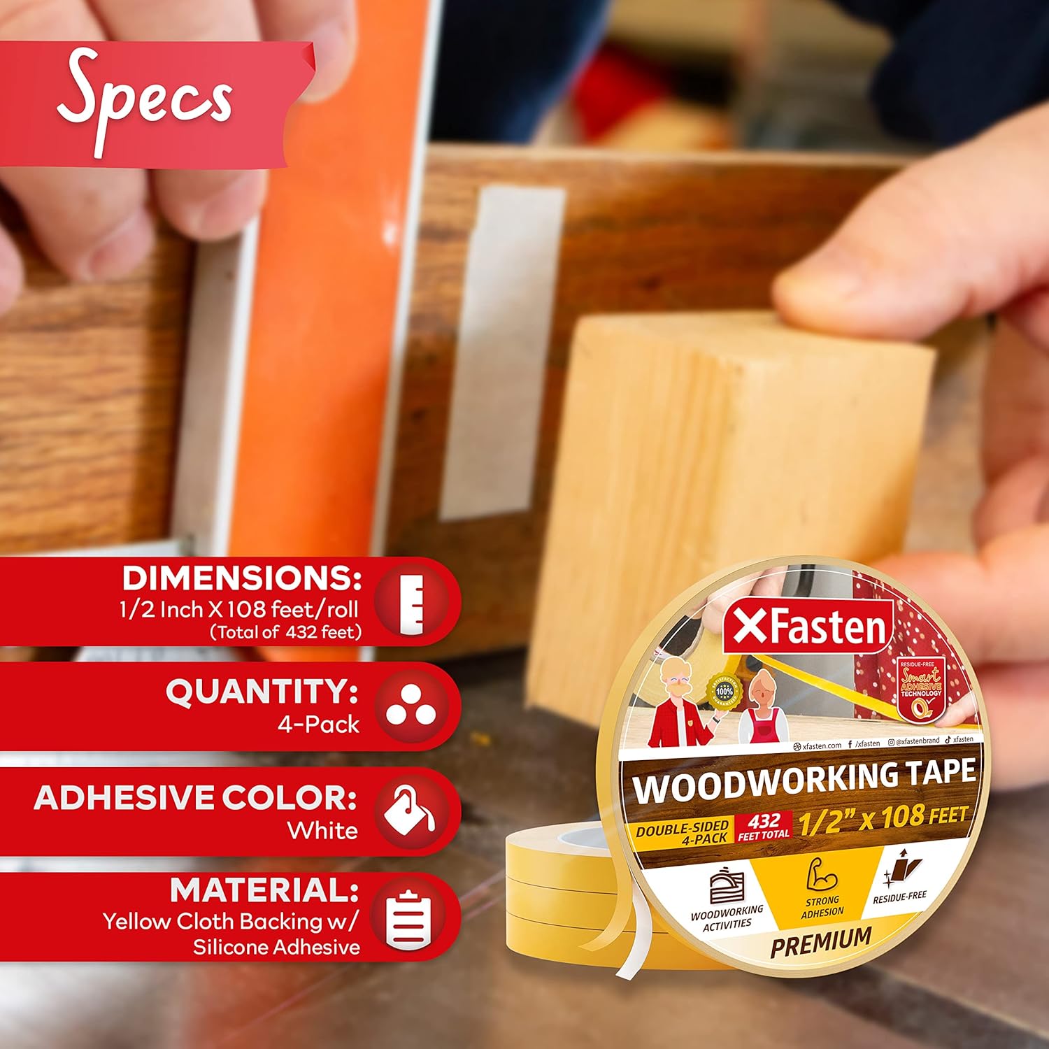XFasten Double Sided Woodworking Tape | 1/2 Inch x 36 Yards | 4-Pack