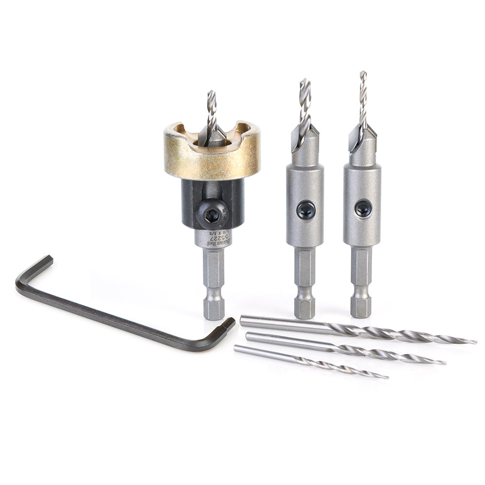Amana Tool AMS-628 6-Pc Carbide Tipped Countersink with Adjustable Depth Stop and No-Thrust, No-Mar Ball Bearing Set with Quick Release Shank and Replacement HSS Drills