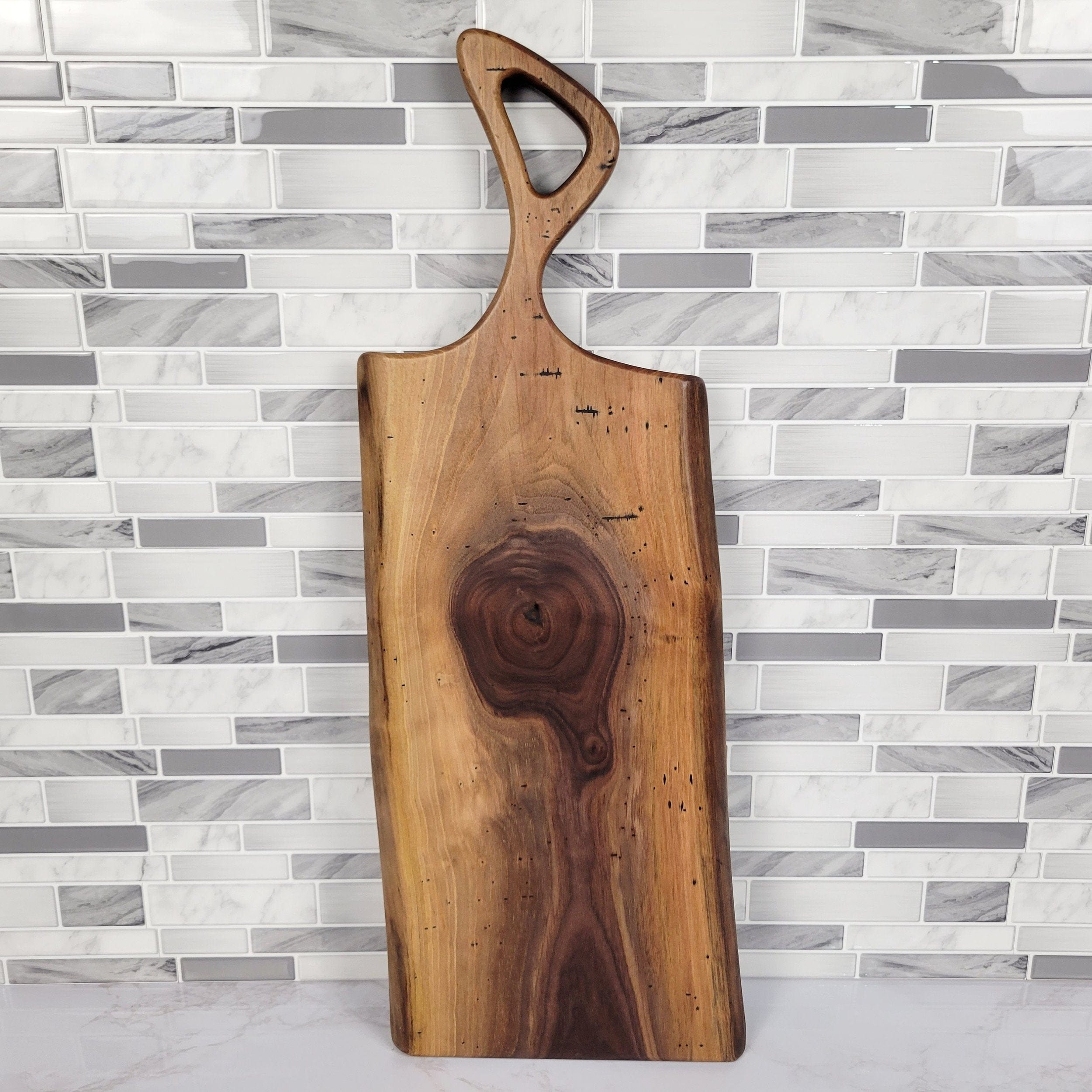 Wood Grain Junkie Charcuterie Board with a Modern Handle | Live Edge Black Walnut
