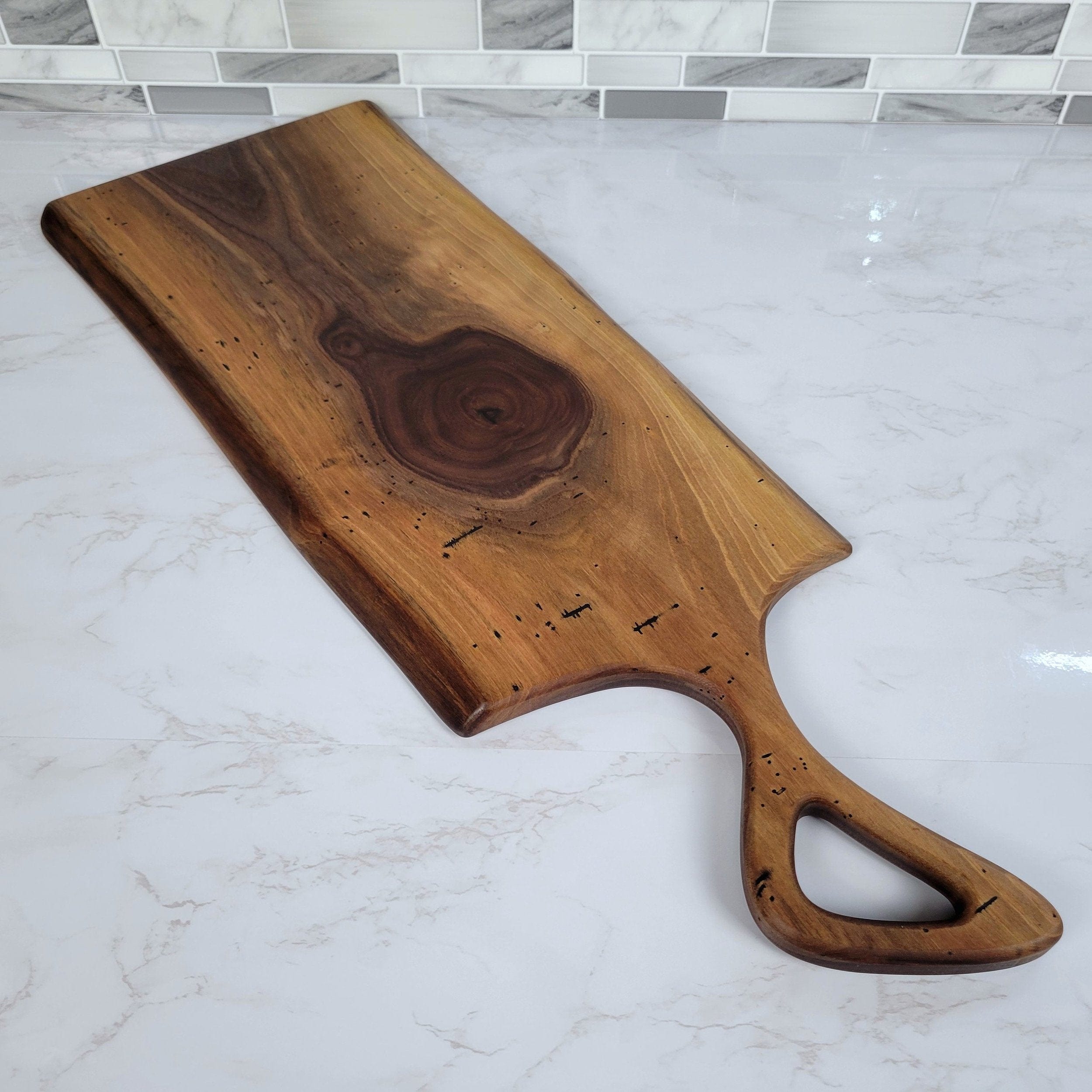 Wood Grain Junkie Charcuterie Board with a Modern Handle | Live Edge Black Walnut
